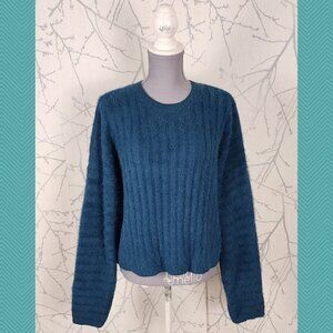 Oak + Fort Emerald Blue Fuzzy Knit Faux Fur Ribbed Crewneck Sweater